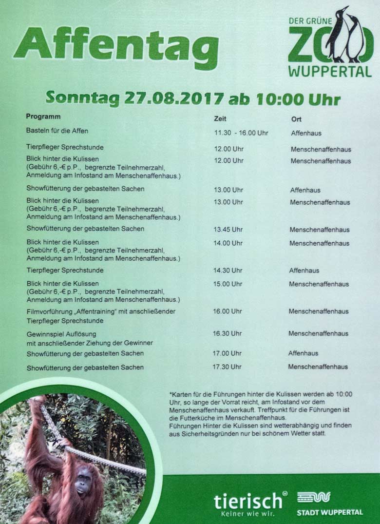 Plakat mit dem Programm beim Affentag am 27. August 2017 im Grünen Zoo Wuppertal