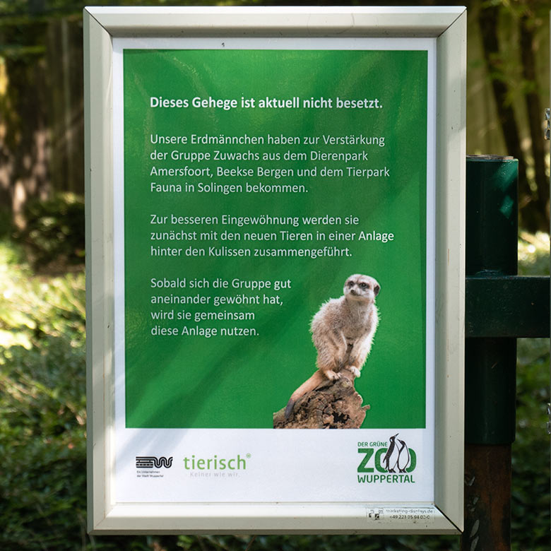 Aushang zur Verstärkung der Erdmännchen-Gruppe am 8. September 2023 an der Außenanlage der Erdmännchen im Grünen Zoo Wuppertal
