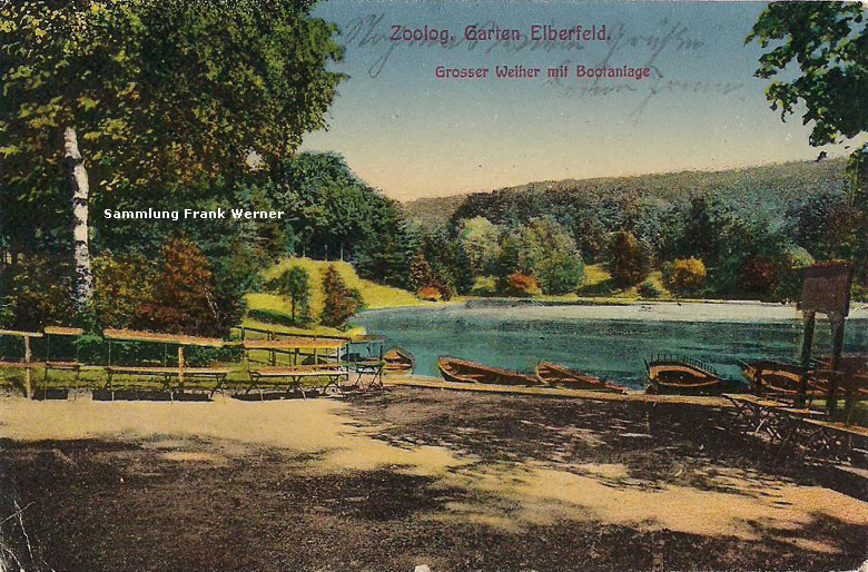 Grosser Weiher mit Bootanlage im Zoologischen Garten Elberfeld auf einer Postkarte von 1921 (Sammlung Frank Werner)