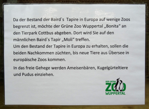 Aushang am 8. August 2015 zur neuen Tierbesetzung im Südamerikahaus im Zoologischen Garten der Stadt Wuppertal