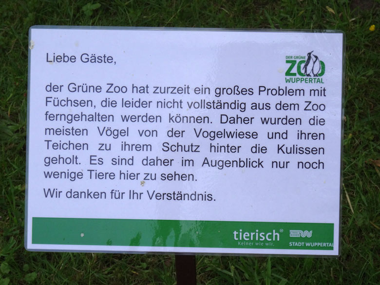 Information am 10. Juni 2016 zum großen Problem mit Füchsen im Grünen Zoo Wuppertal