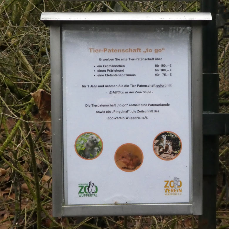 Aushang zu Tier-Patenschaften to go am 26. Dezember 2017 an der Patagonien-Anlage im Grünen Zoo Wuppertal