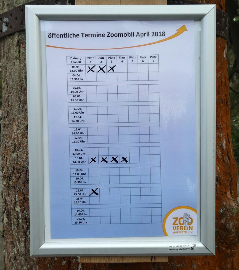 Aushang zu den öffentlichen Terminen mit dem Zoomobil im Monat April 2018 im Grünen Zoo Wuppertal