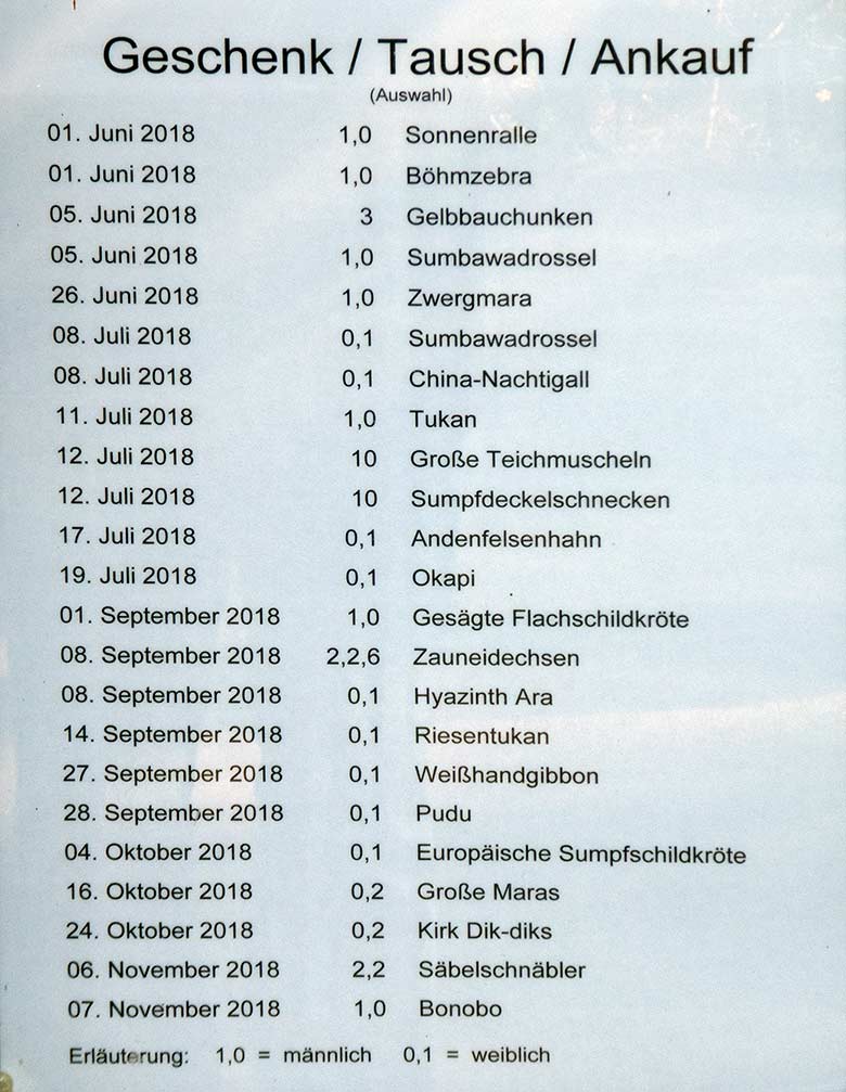 Aushang "Geschenk / Tausch / Ankauf" im November 2018 in der Nähe des Zoo-Eingangs im Grünen Zoo Wuppertal