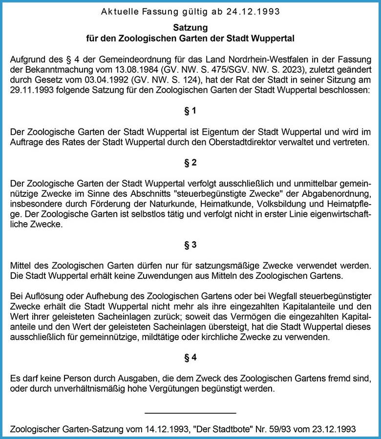 Satzung für den Zoologischen Garten der Stadt Wuppertal in der aktuell gültigen Fassung ab 24.12.1993