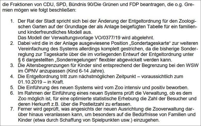 Gemeinsamer Antrag vom 24. Juni 2019 (Ausschnitt) zur Beschlussvorlage "Änderung der Entgeltordnung für den Zoologischen Garten" für den Ausschuss für Kultur der Stadt Wuppertal am 26. Juni 2019