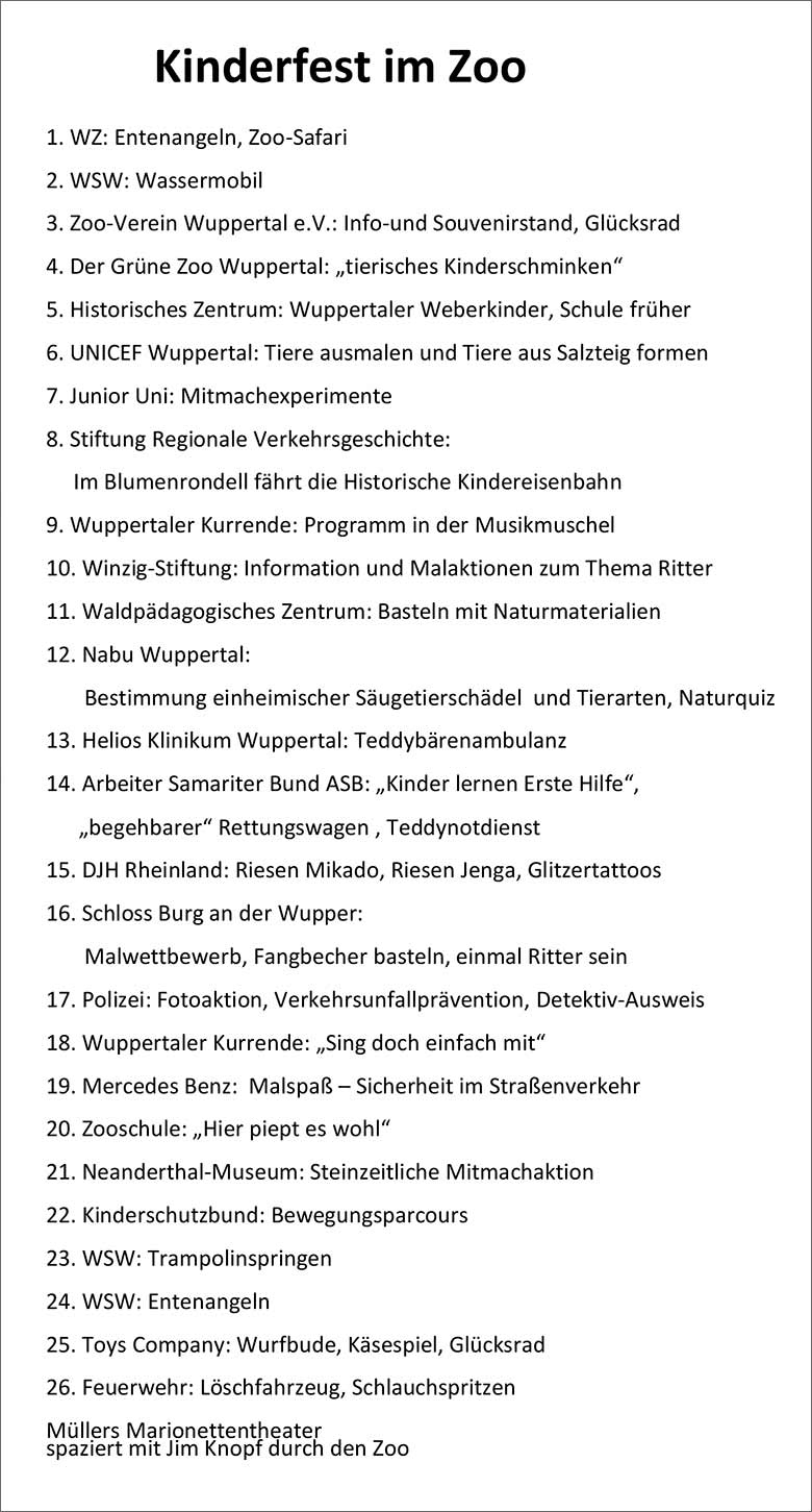 Standplan für das Kinderfest am 5. Juli 2019 im Grünen Zoo Wuppertal (Presseinformation Der Grüne Zoo Wuppertal)