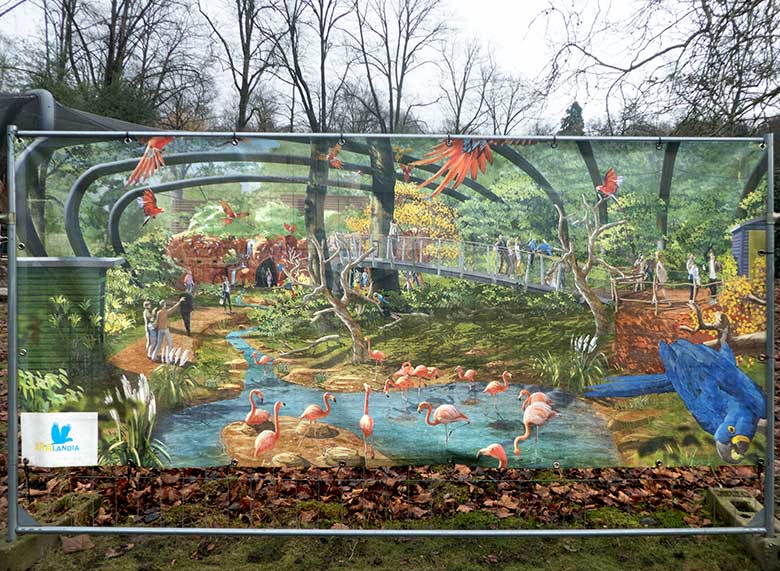 Bauzaun-Banner an der Baustelle der begehbaren Freiflugvoliere ARALANDIA am 26. Dezember 2019 im Wuppertaler Zoo