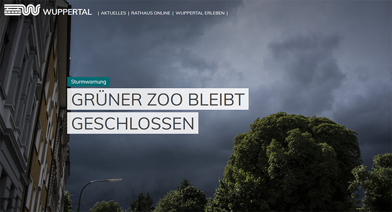 Screenshot der Microsite der Stadt Wuppertal "www.wuppertal.de" vom 11. Februar 2020: Sturmwarnung - Grüner Zoo bleibt geschlossen