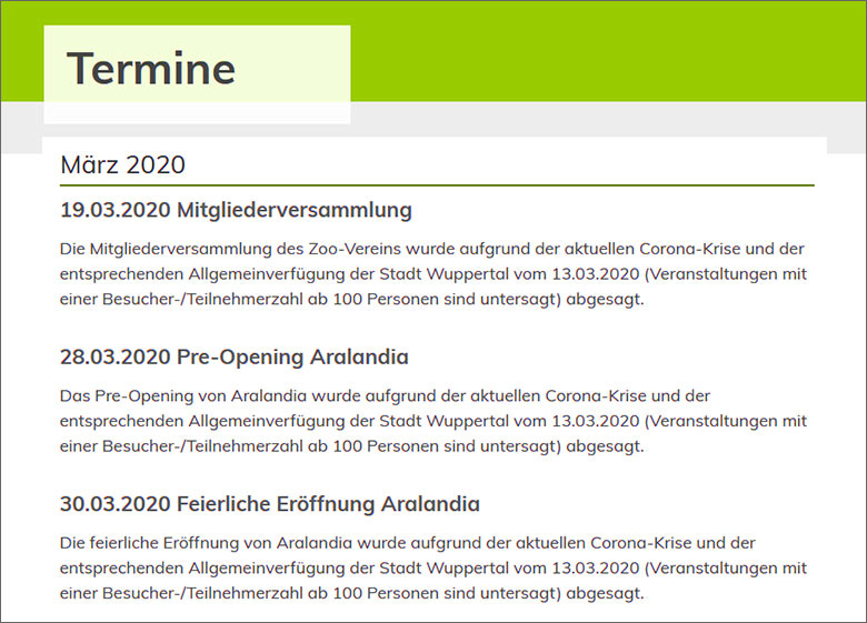 Screenshot der Microsite der Stadt Wuppertal "www.zoo-wuppertal.de" vom 14. März 2020: Die Mitgliederversammlung des Zoo-Vereins Wuppertal e.V. am 19.03.2020, das Pre-Opening von Aralandia am 28.03.2020 sowie die feierliche Eröffnung von Aralandia am 30.03.2020 abgesagt