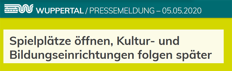 Screenshot der Pressemeldung der Stadt Wuppertal vom 5. Mai 2020 auf www.wuppertal.de