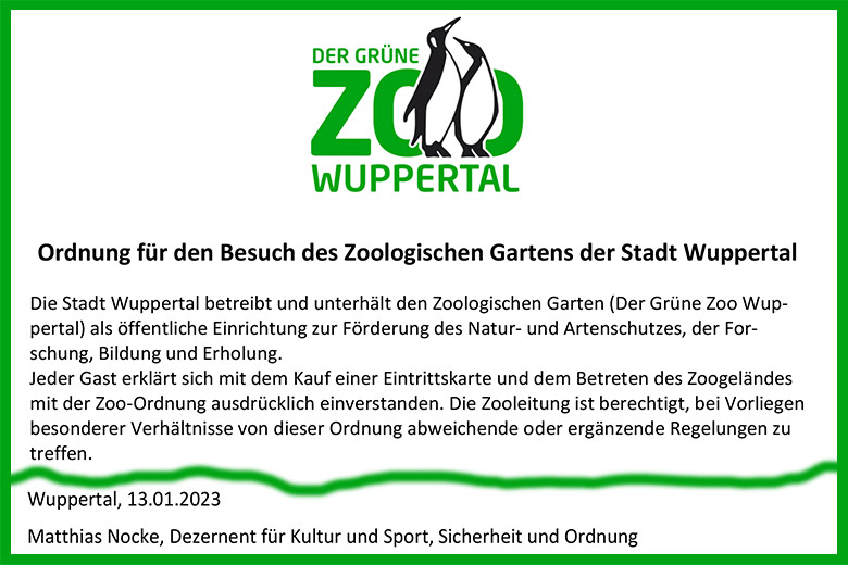 Ausriss der Ordnung für den Besuch des Zoologischen Gartens der Stadt Wuppertal vom 13. Januar 2023 (Quelle Der Grüne Zoo Wuppertal)