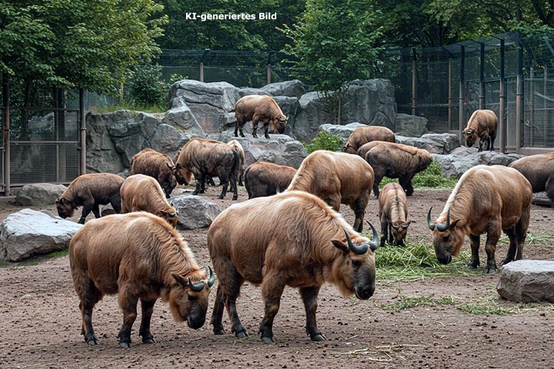 Künstlich erzeugtes Bild einer Herde von Mishmi-Takinen in einem Zoo