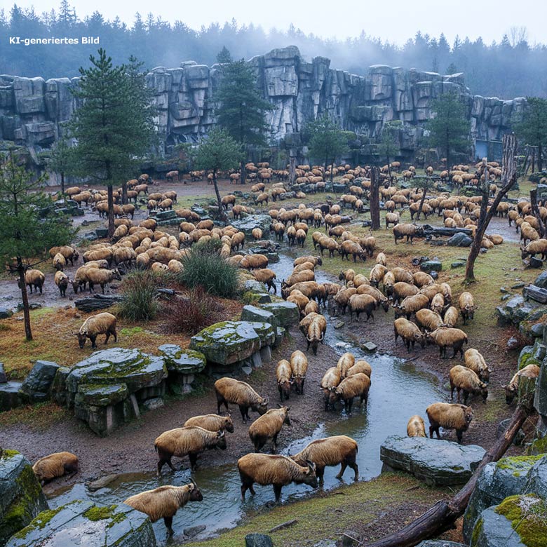 Künstlich erzeugtes Bild einer Riesenherde von Mishmi-Takinen in einem Zoo