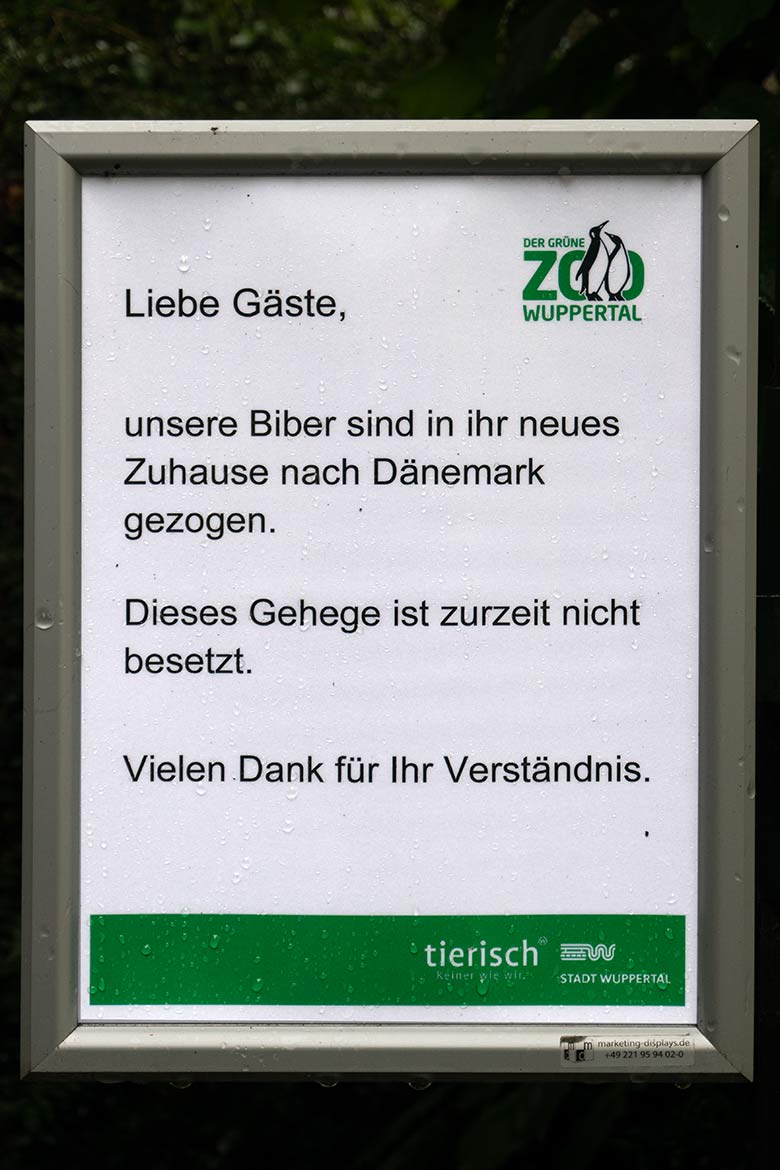 Information Anfang Oktober 2020 an der bisherigen Außenanlage für Europäische Biber im Grünen Zoo Wuppertal