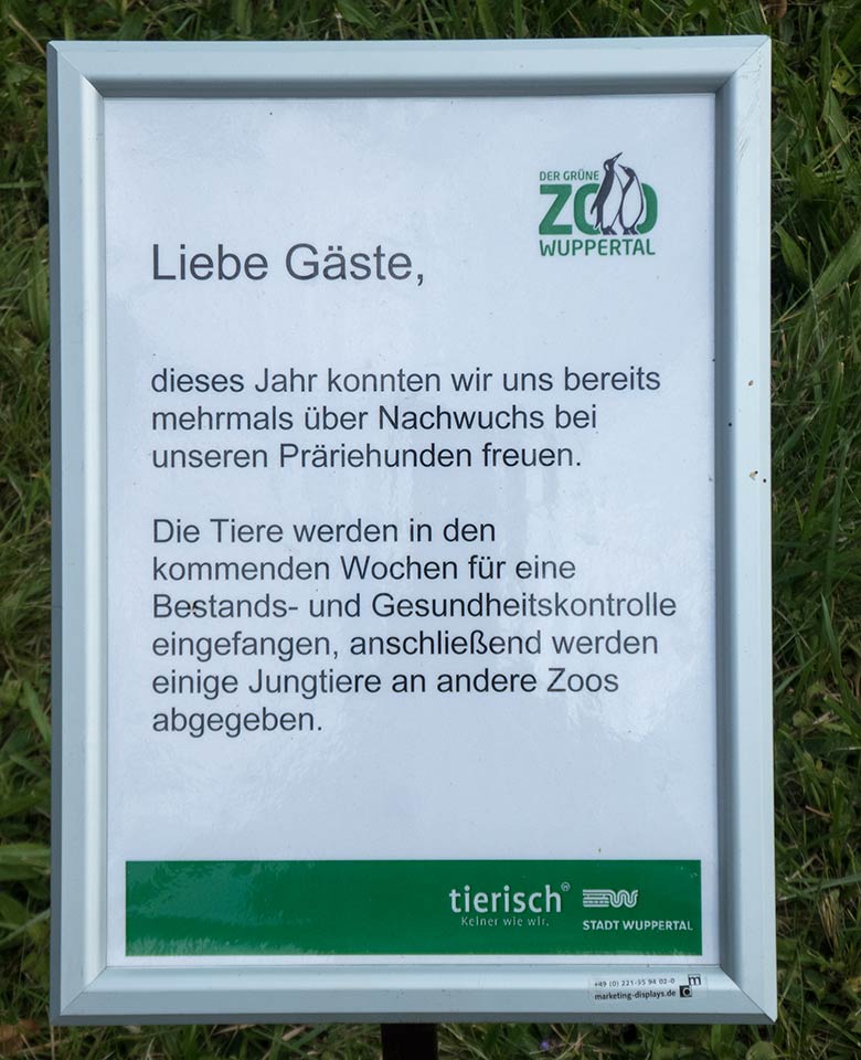Aushang im Juli 2018 an der Anlage der Präriehunde im Grünen Zoo Wupperta