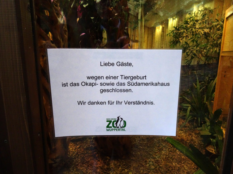 Aushang am Okapi-Haus am 7. Oktober 2016 im Wuppertaler Zoo