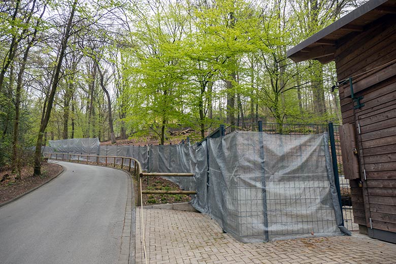 Mit einem Gaze-Vorhang behängter Zaun der Außenanlage für die Europäischen Waldrentiere am 30. April 2021 im Zoo Wuppertal