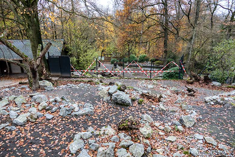 Obere Mishmi-Takin-Anlage mit Absperrband am Zaun am 2. Dezember 2022 im Zoologischen Garten Wuppertal