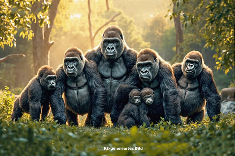 Künstlich erzeugtes Bild einer Gorilla-Gruppe: Ein Silberrücken, drei weibliche Gorillas und drei Jungtiere