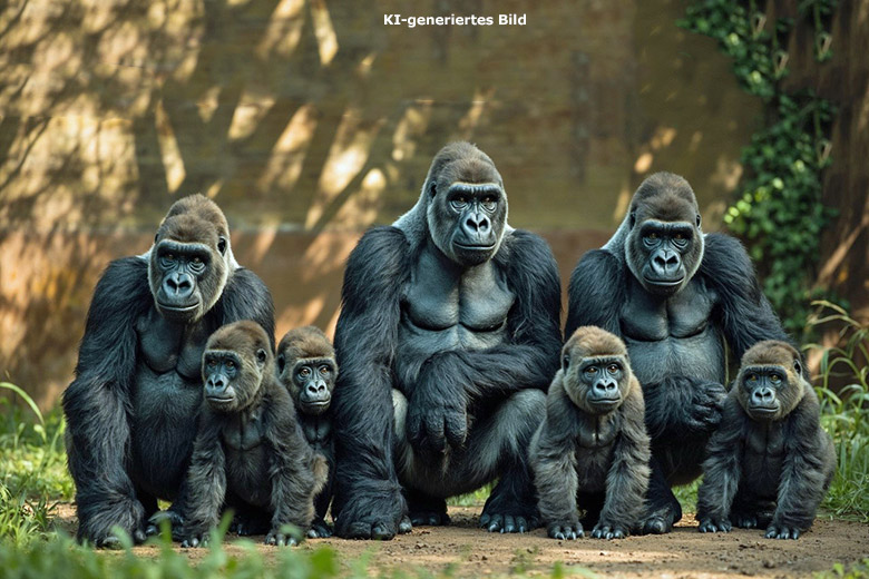 Künstlich erzeugtes Bild einer Gorilla-Gruppe: Ein Silberrücken, zwei weibliche Gorillas und vier Jungtiere