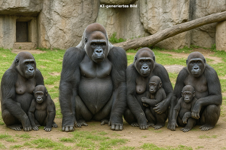 Künstlich erzeugtes Bild einer Gorilla-Gruppe: Ein Silberrücken, drei weibliche Gorillas und drei Jungtiere