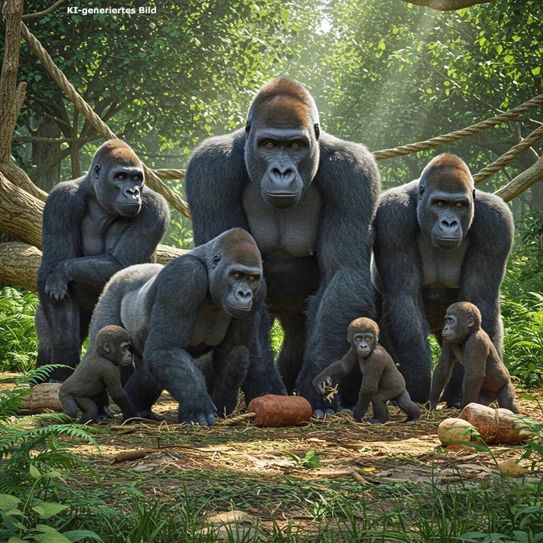 Künstlich erzeugtes Bild einer Gorilla-Gruppe: Ein Silberrücken, drei weibliche Gorillas und drei Jungtiere