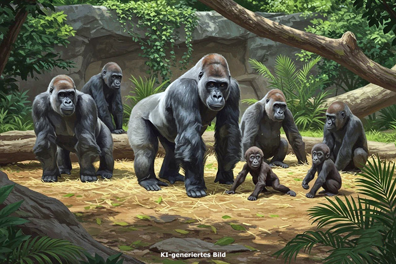 Künstlich erzeugtes Bild einer Gorilla-Gruppe: Ein Silberrücken, drei weibliche Gorillas und drei Jungtiere