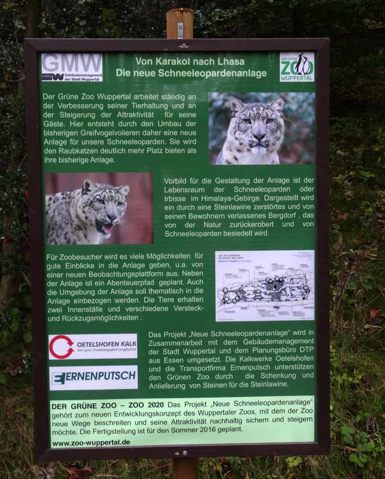 Informationsschild zur neu geplanten Schneeleoparden-Anlage am 12. Oktober 2016 im Wuppertaler Zoo