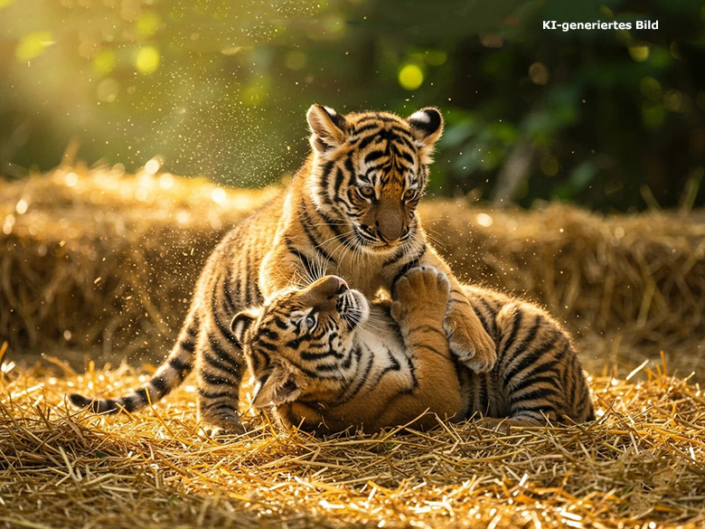 Künstlich erzeugtes Bild von zwei spielenden Tiger-Babys auf Stroh