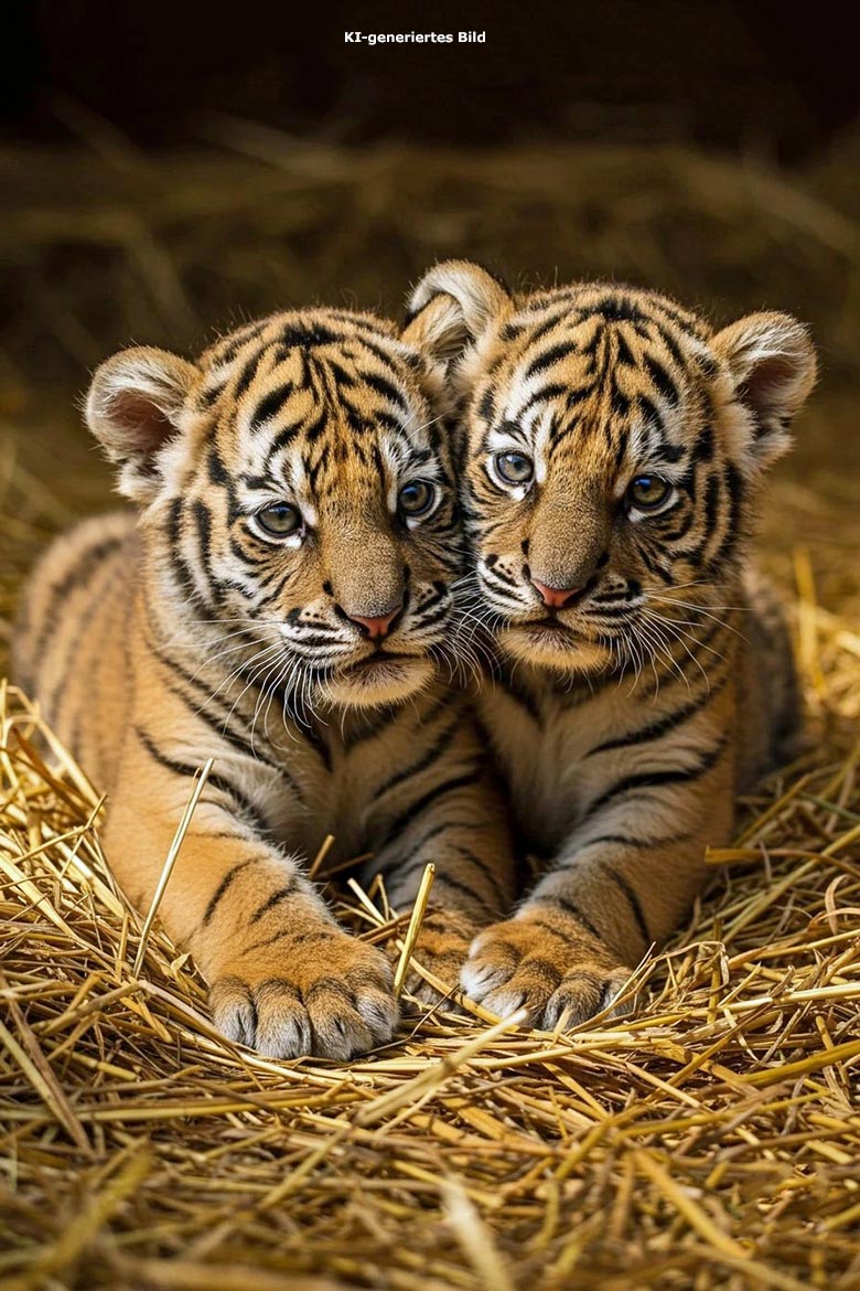 Künstlich erzeugtes Bild von zwei Tiger-Babys auf Stroh