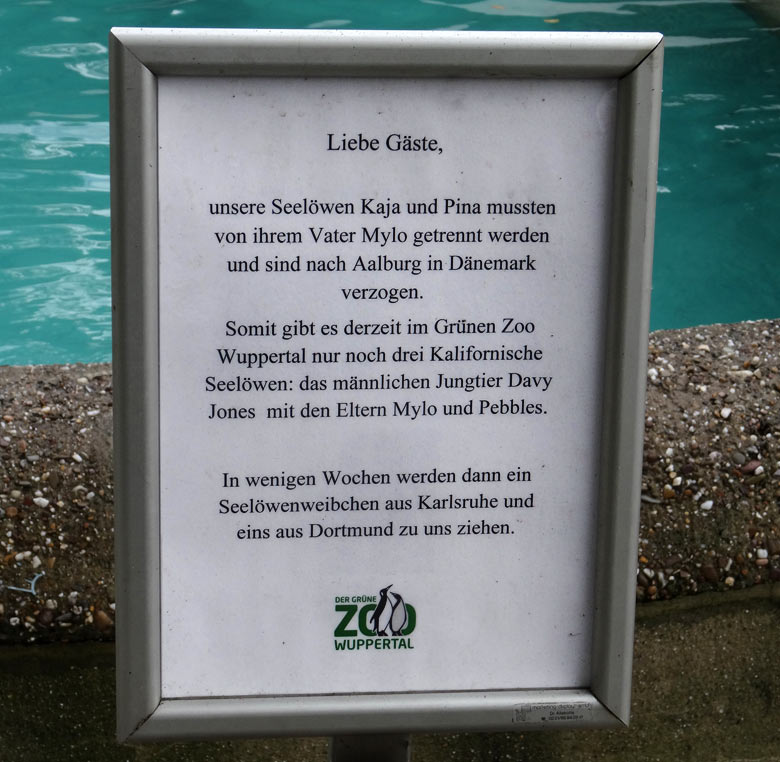 Aushang am 16. September 2016 zu den Kalifornischen Seelöwen im Zoologischen Garten der Stadt Wuppertal