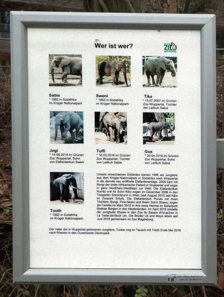 Aushang zu den derzeit sieben Afrikanischen Elefanten am 17. Dezember 2019 an der Außenanlage im Wuppertaler Zoo