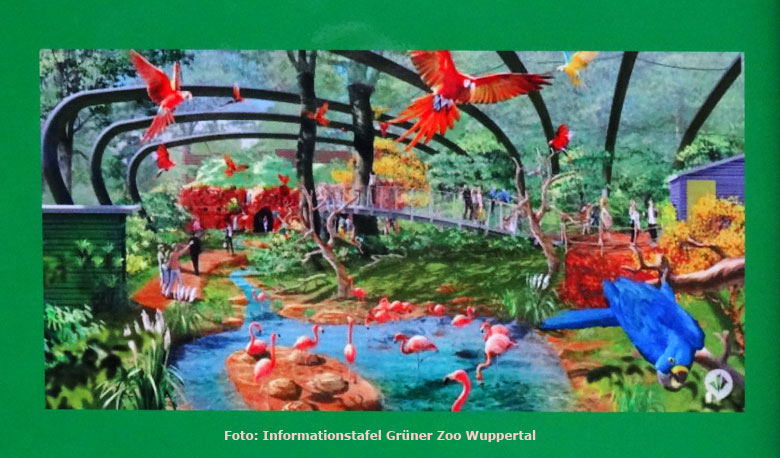 Flamingos auf einer Informationstafel zur begehbaren Freiflugvoliere ARALANDIA am 23. November 2016 im Grünen Zoo Wuppertal