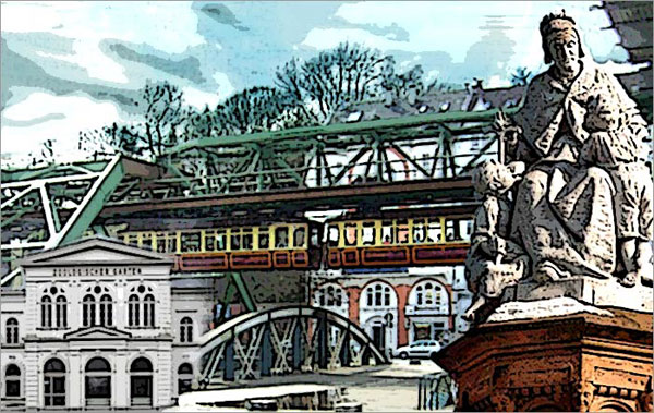 Collage: Zoologischer Garten Wuppertal, Kaiserwagen der Wuppertaler Schwebebahn und Märchenbrunnen im Zooviertel Wuppertal