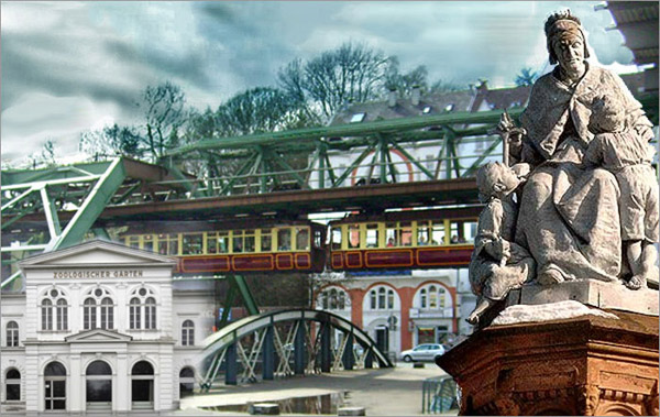 Collage: Zoologischer Garten Wuppertal, Kaiserwagen der Wuppertaler Schwebebahn und Märchenbrunnen im Zooviertel Wuppertal
